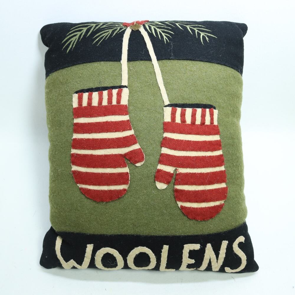 Vtg Winter Woolen Pillow S Green Black Red Felted Wool Mittens Balsom Embroider